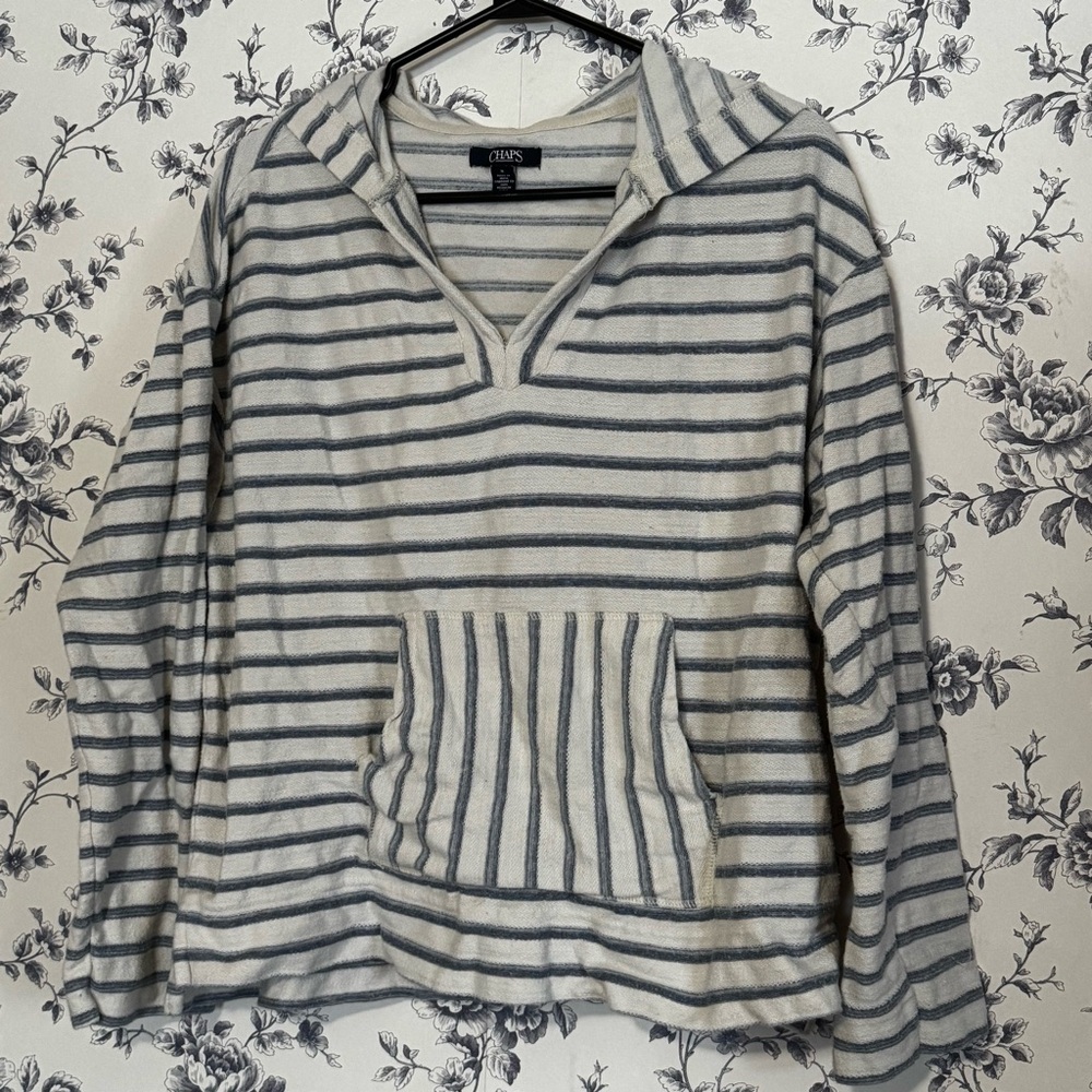 Chaps Women's V-Neck Striped Sweater - Gray and Cream